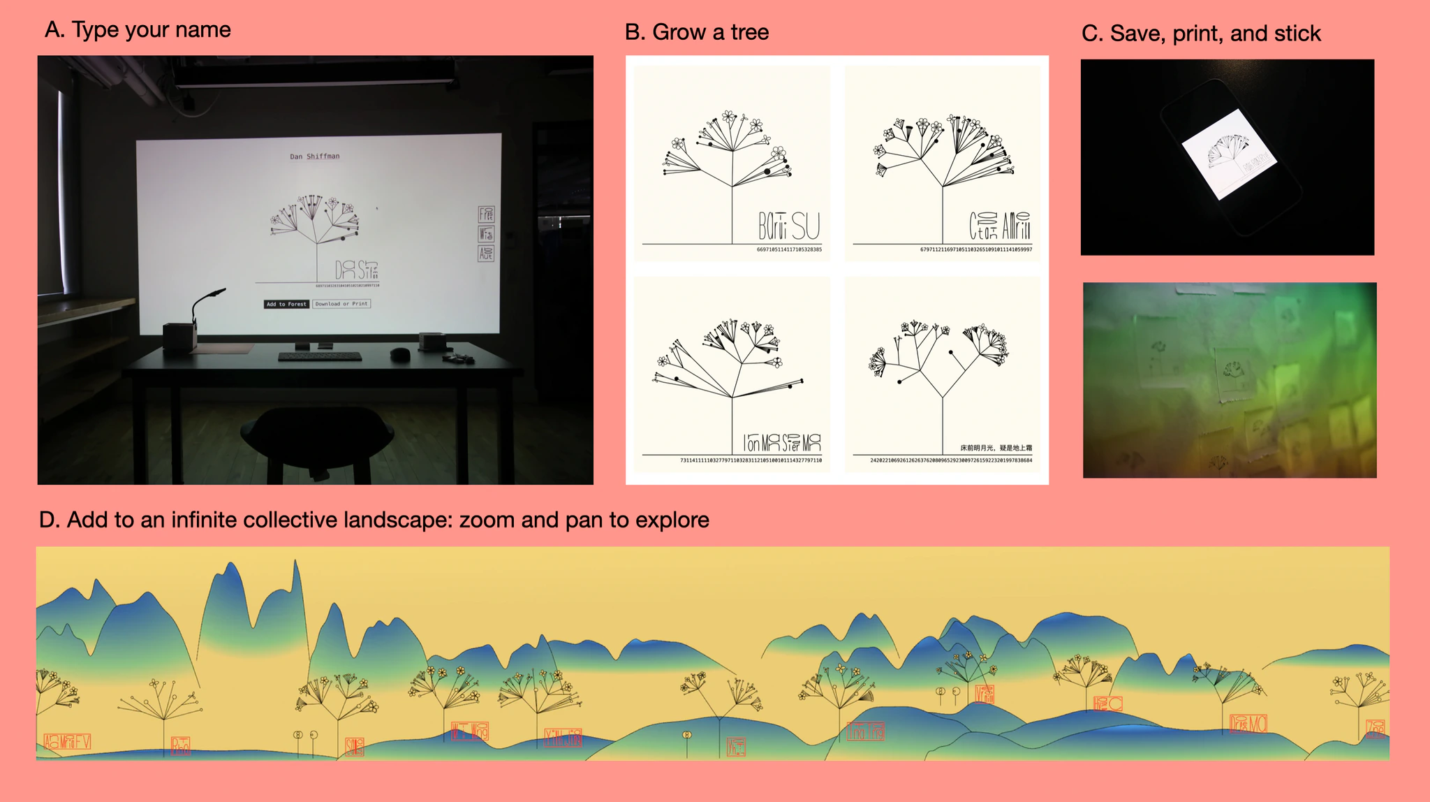 Name2Tree process: type your name, grow a tree, print it, and add it to a collective landscape